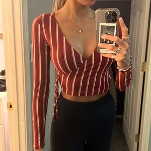 red with white stripes, super soft and stretchy fabric, cross cross tie front